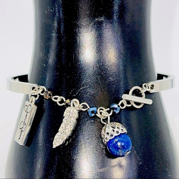 Jessica Simpson Bracelet Dangling Lapis Bead Rhinestones Leaf Cuff Toggle Clasp - Picture 1 of 8